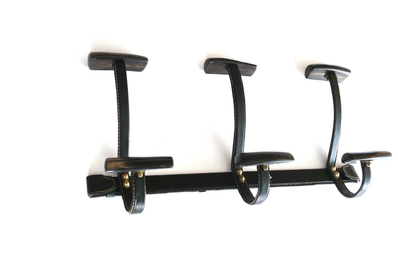 Jacques Adnet Leather and Horn Coat Rack