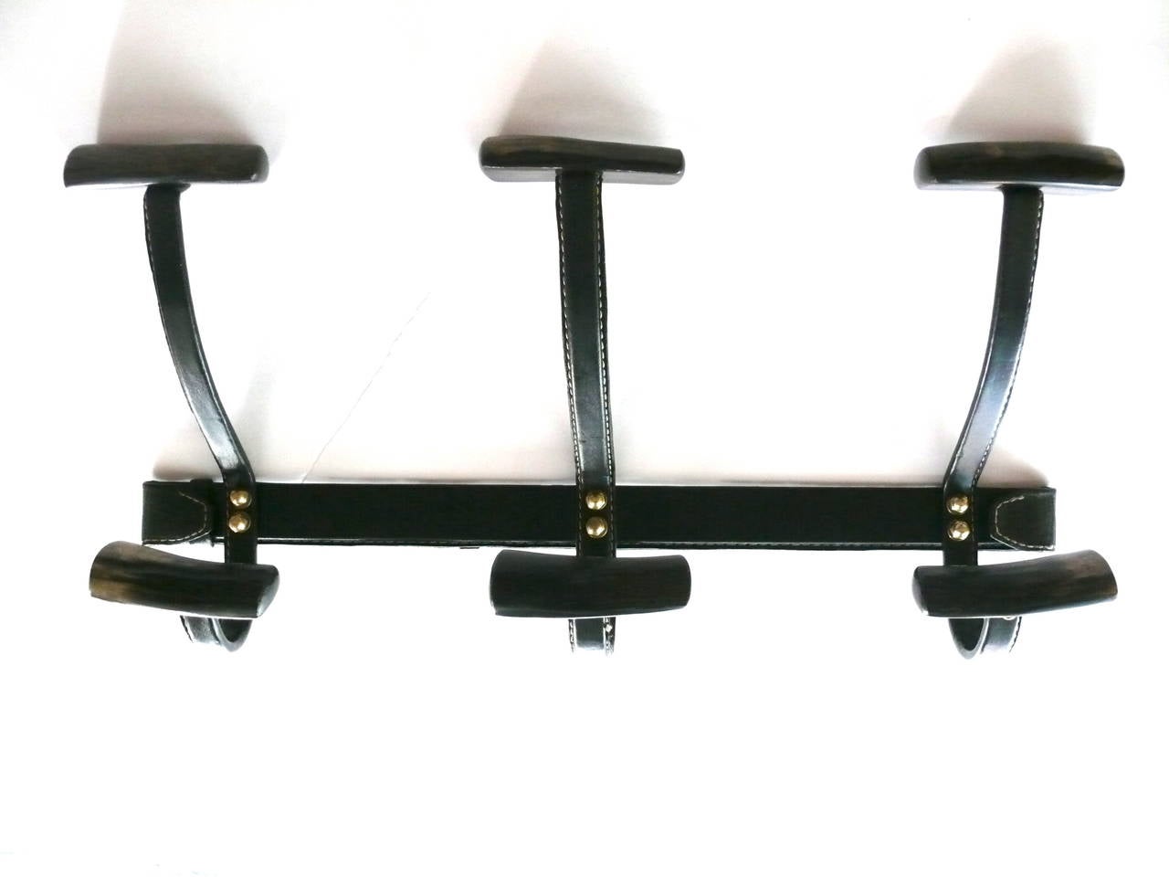 Brass Jacques Adnet Leather and Horn Coat Rack