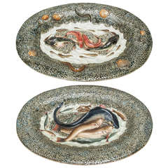 Pair of Monumental Majolica Palissy Style Plates