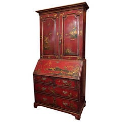 18th Century English Red Chinoiserie Secretary Bookcase