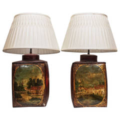 Antique Pair of 19th Century Tea Tins Now Wired as Lamps