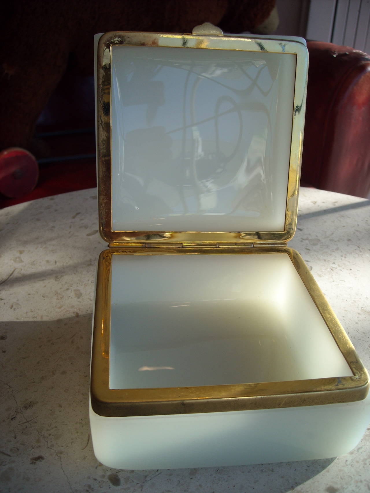 Mid-20th Century French Hinged Opaline Glass and Brass (Jewelry) Box