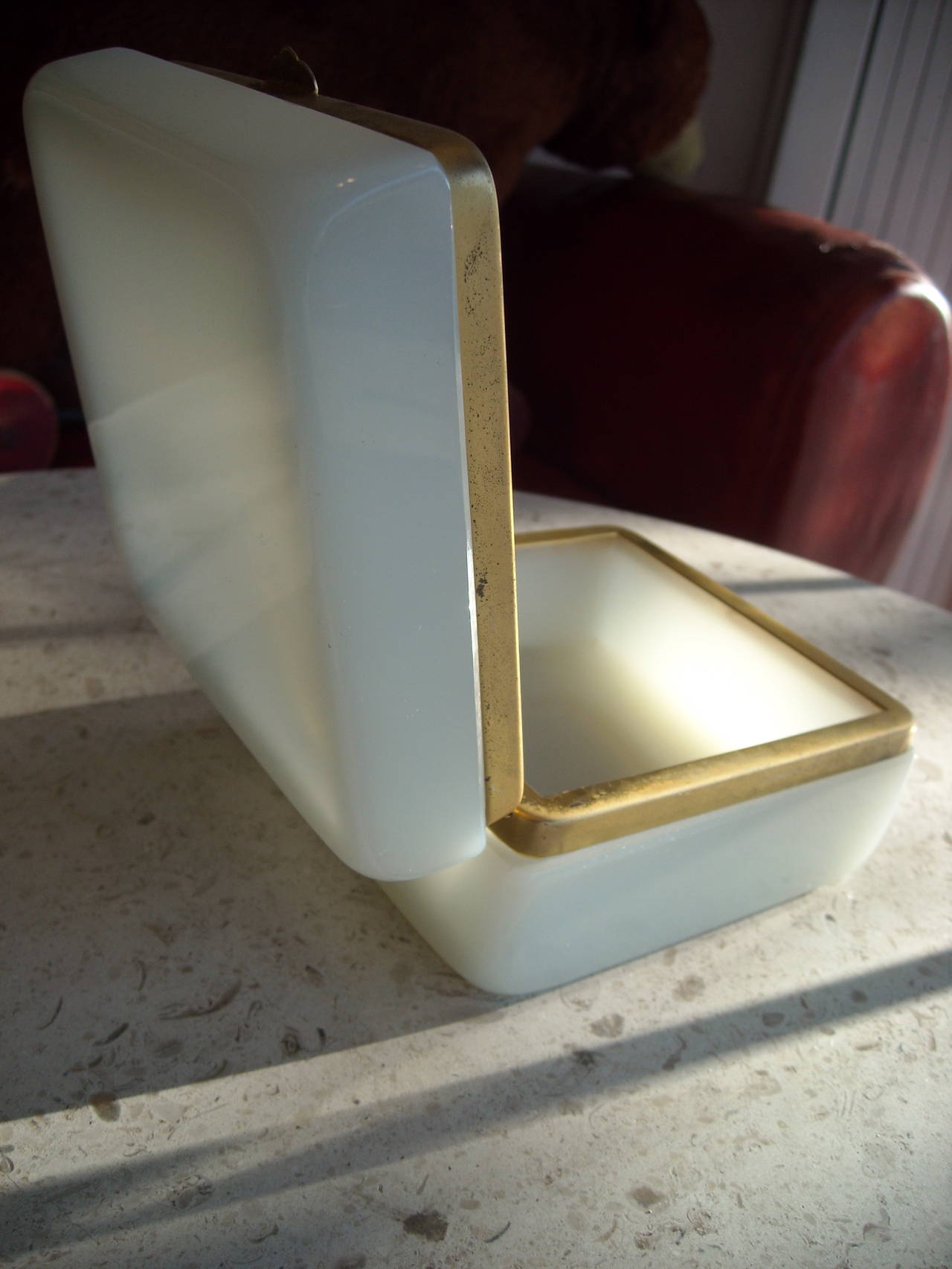 French Hinged Opaline Glass and Brass (Jewelry) Box In Excellent Condition In Los Angeles, CA