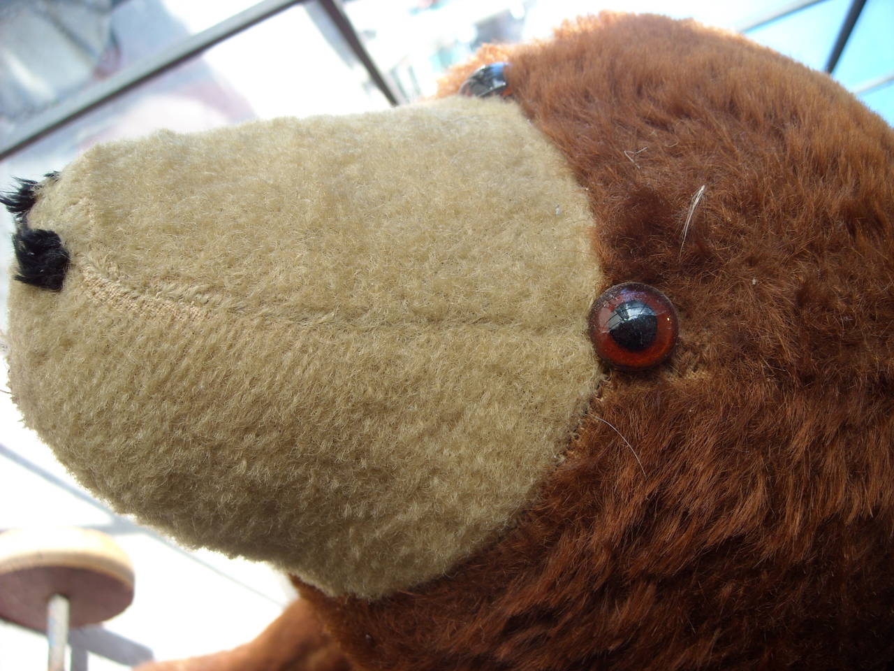 Mid-20th Century Adorable Petz Teddy Bear Mohair Pull Out Toy on Wheels, Rare with Button
