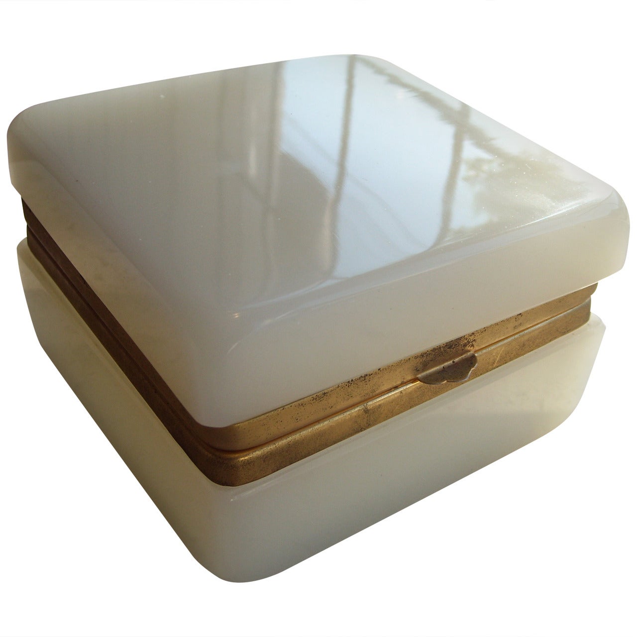 French Hinged Opaline Glass and Brass (Jewelry) Box