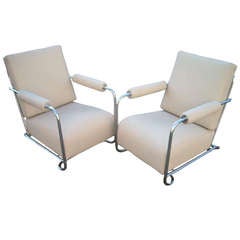 Gilbert Rohde Art Deco Pair of Armchairs in Chrome and Leather for Troy Sunshade 1
