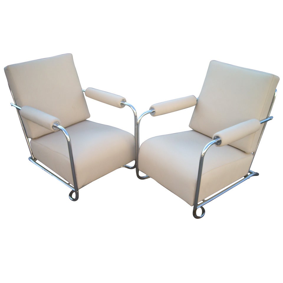 Gilbert Rohde Art Deco Pair of Armchairs in Chrome and Leather for Troy Sunshade