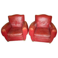 Vintage Pair Of Art Deco French Club Chairs In Red Leather.