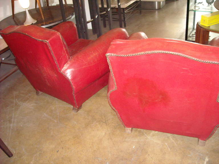 Pair Of Art Deco French Club Chairs In Red Leather. 1