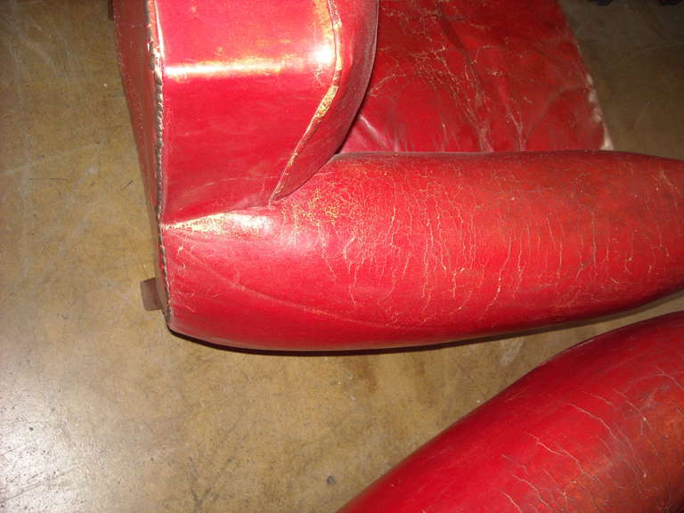 Pair Of Art Deco French Club Chairs In Red Leather. 4