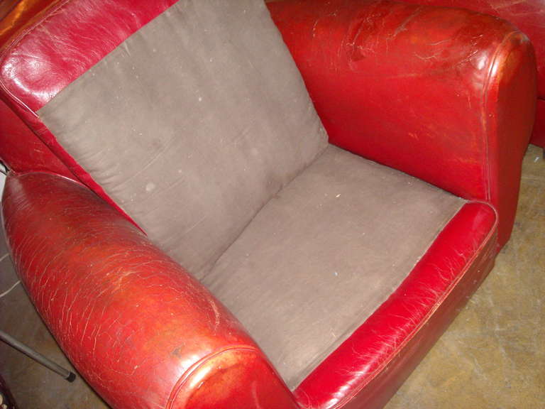 Pair Of Art Deco French Club Chairs In Red Leather. 2