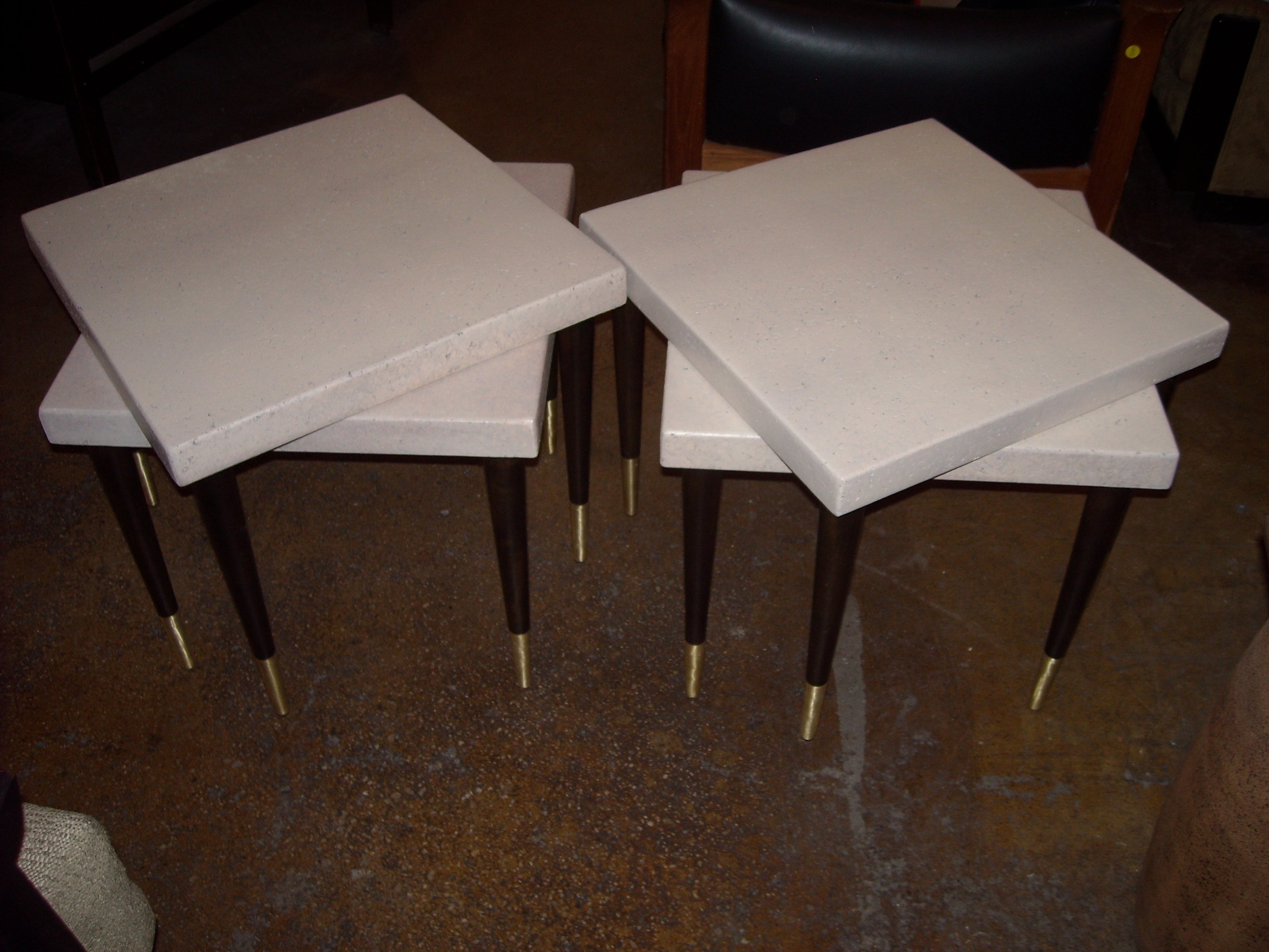 Two pairs of Paul Frankl cork top side/end tables for Johnson.