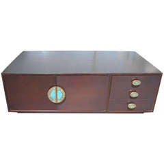 Low TV Cabinet Attributed to Pepe Mendoza with Turquoise and Brass Hardware, Handles in Dark Chocolate Finish