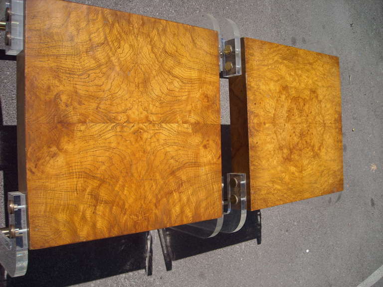 Mid-Century Modern Milo Baughman Pair of Burl, Lucite and Brass Side or End Tables