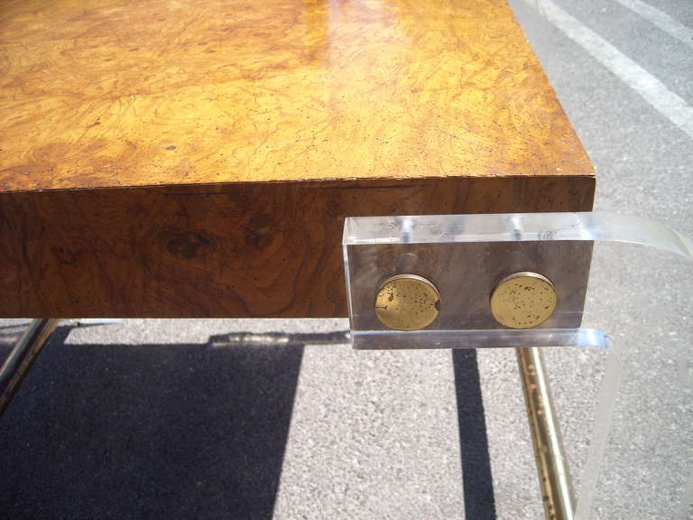 American Milo Baughman Pair of Burl, Lucite and Brass Side or End Tables