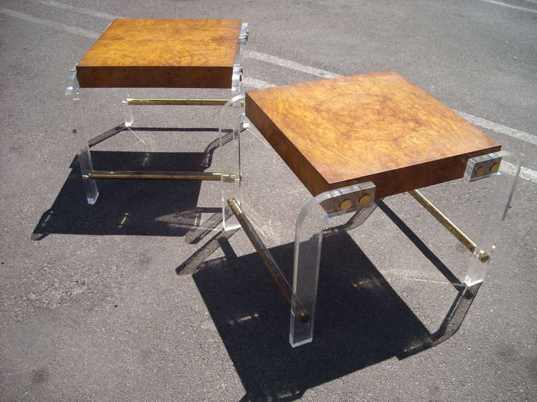 Milo Baughman Pair of Burl, Lucite and Brass Side or End Tables 1