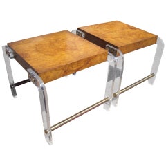 Milo Baughman Pair of Burl, Lucite and Brass Side or End Tables