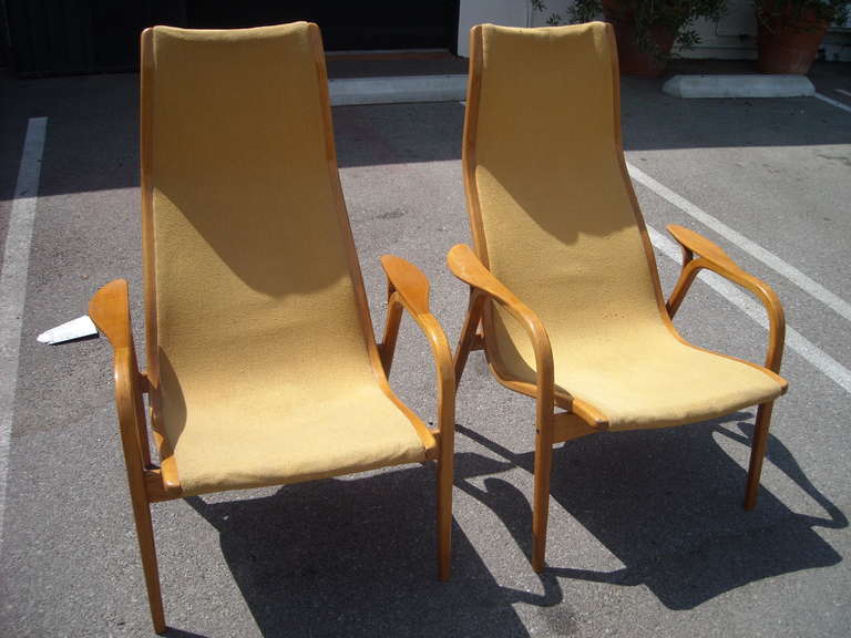 Mid-20th Century Yngve Ekstrom Pair of Lamino High Back Lounge Chairs