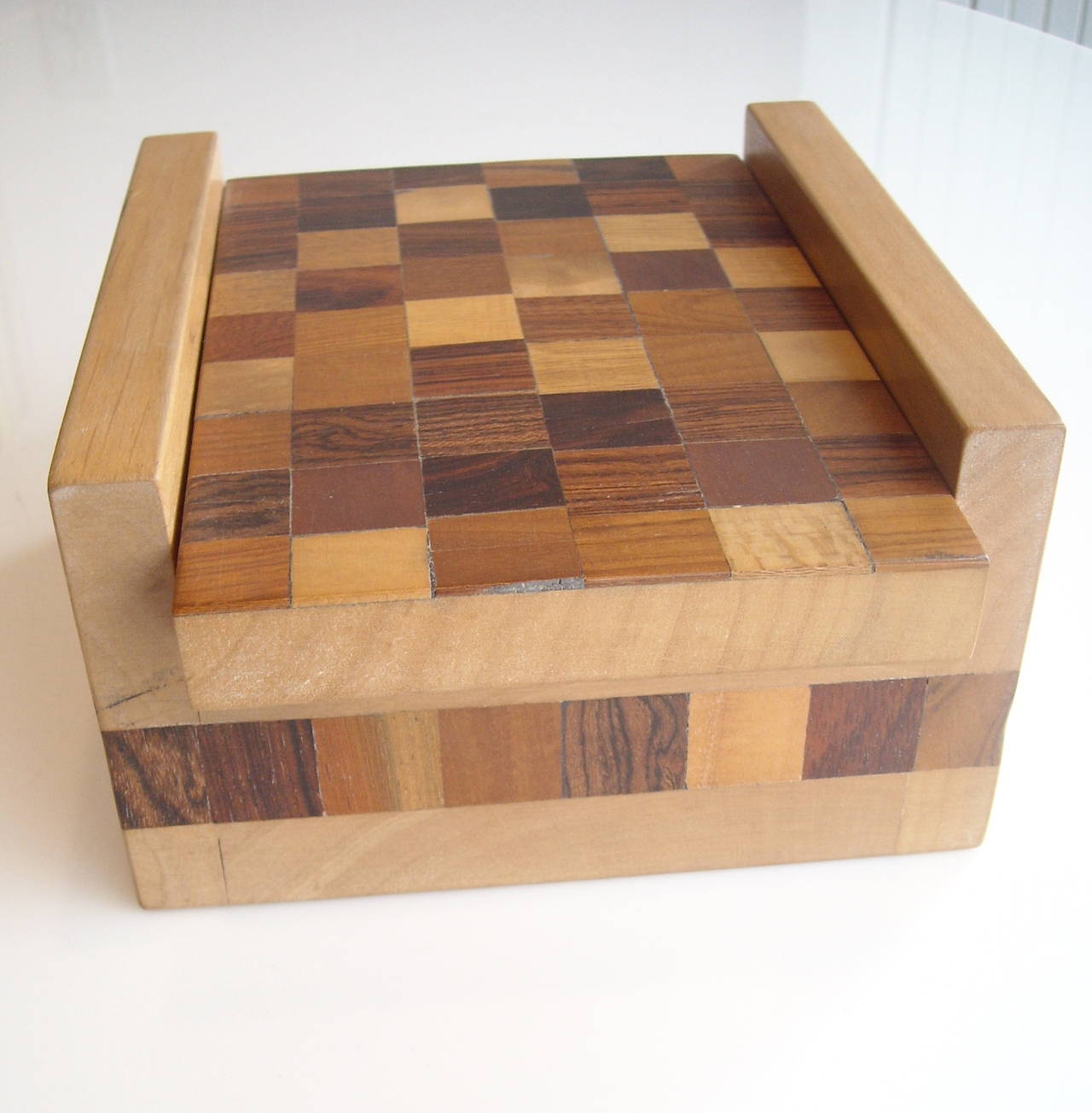Great parquetry box, designed for Don Shoemaker, label, Senal SA.