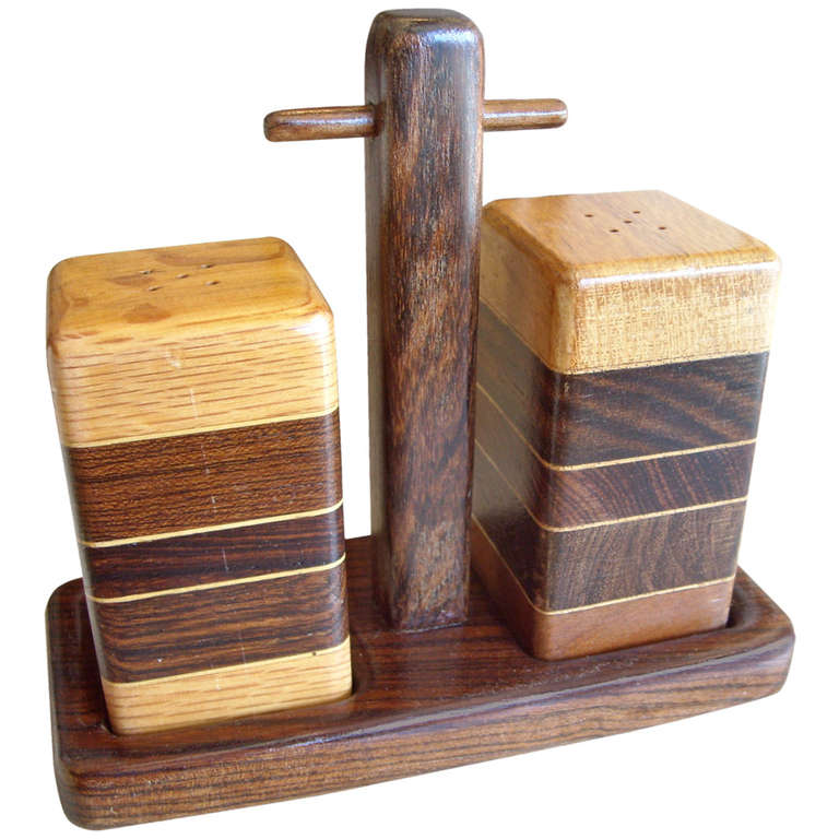 Don Shoemaker Salt and Pepper Set with Tray of Rosewood, Oak and Mixed Woods For Sale