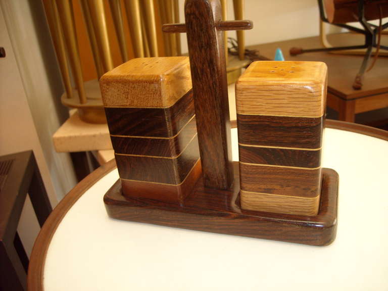 Mid-Century Modern Don Shoemaker Salt and Pepper Set with Tray of Rosewood, Oak and Mixed Woods For Sale