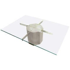 Italian Marble Travertine and Glass with Brass Tone Bars Coffee/Cocktail Table