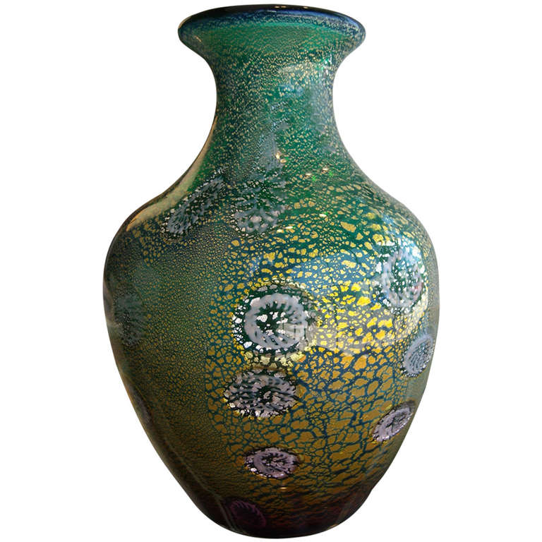 Hand Blown Green, Gold, Silver Foil Murano Vase by Giulio Radi for AVEM For Sale