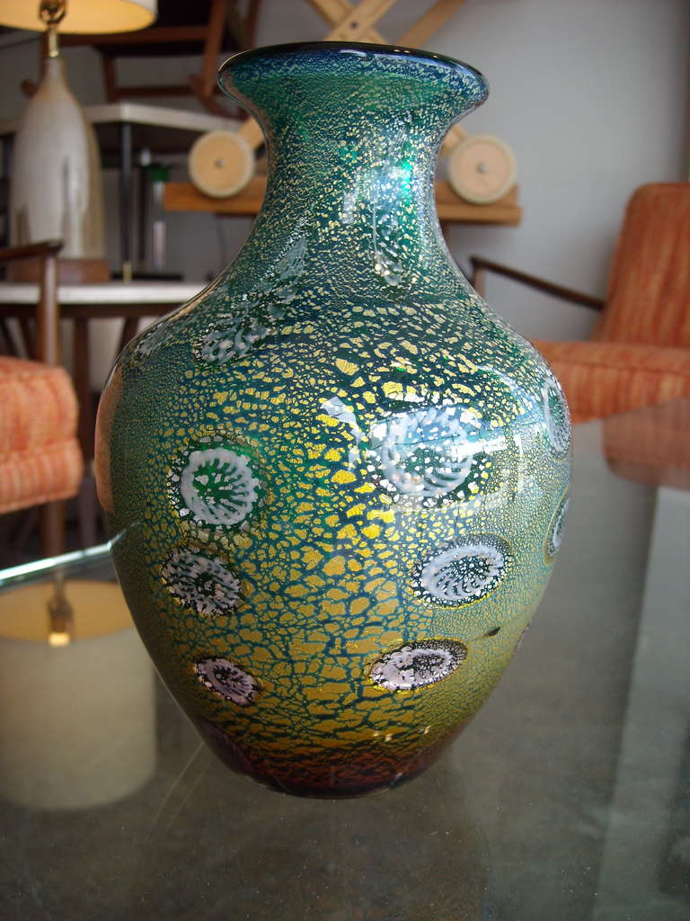 Hand Blown Green, Gold, Silver Foil Murano Vase by Giulio Radi for AVEM In Good Condition For Sale In Los Angeles, CA