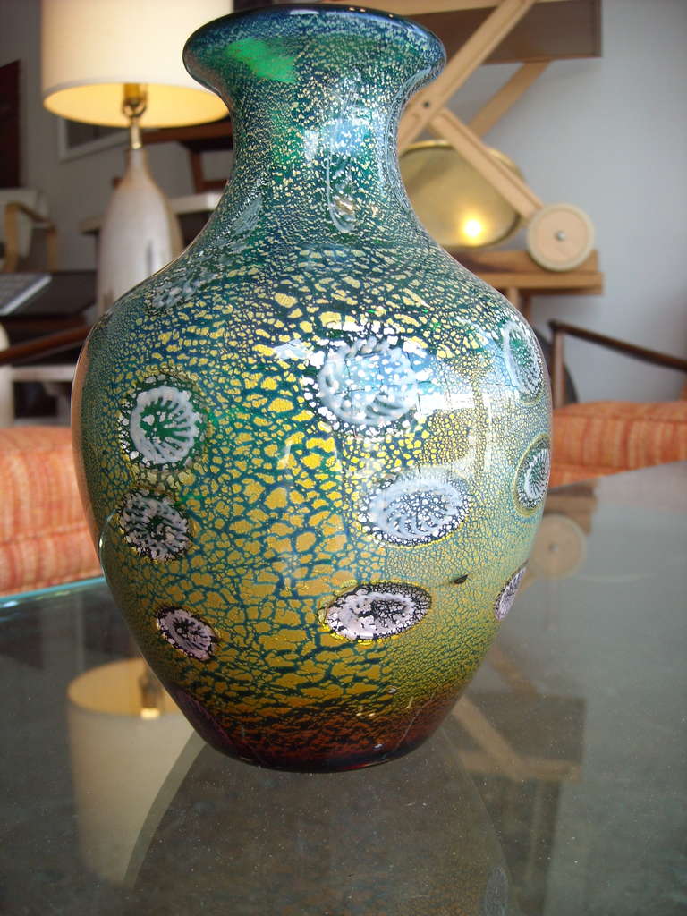 Hand-Crafted Hand Blown Green, Gold, Silver Foil Murano Vase by Giulio Radi for AVEM For Sale