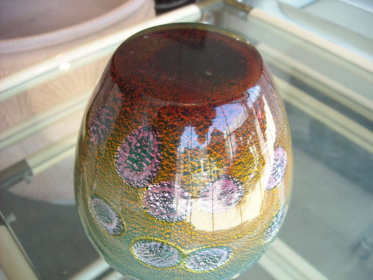 Mid-Century Modern Hand Blown Green, Gold, Silver Foil Murano Vase by Giulio Radi for AVEM For Sale