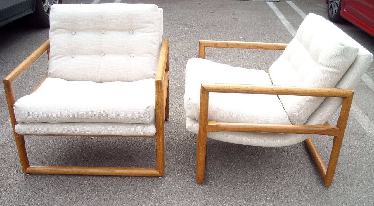Mid-20th Century Milo Baughman Sling Armchairs Lounge Pair in Oak, for Thayer Coggin
