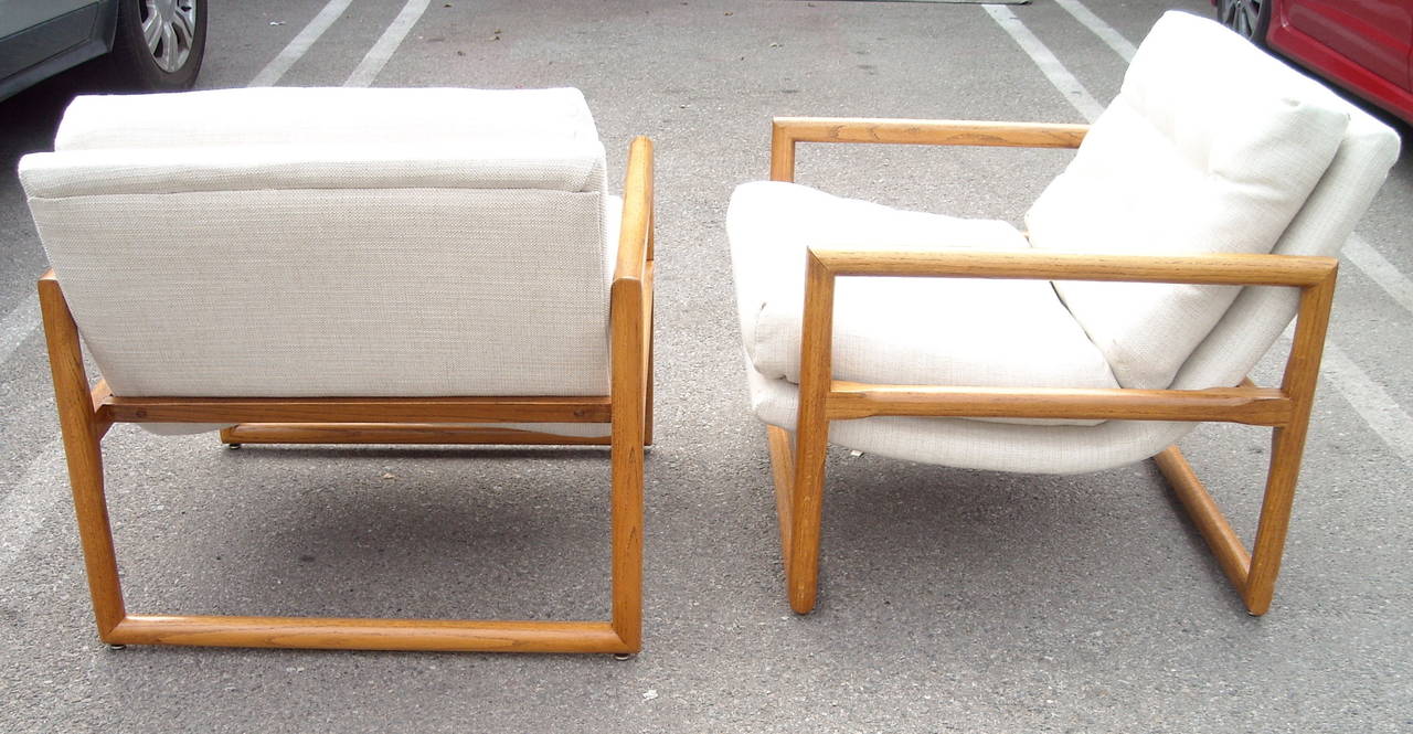 Modern Milo Baughman Sling Armchairs Lounge Pair in Oak, for Thayer Coggin