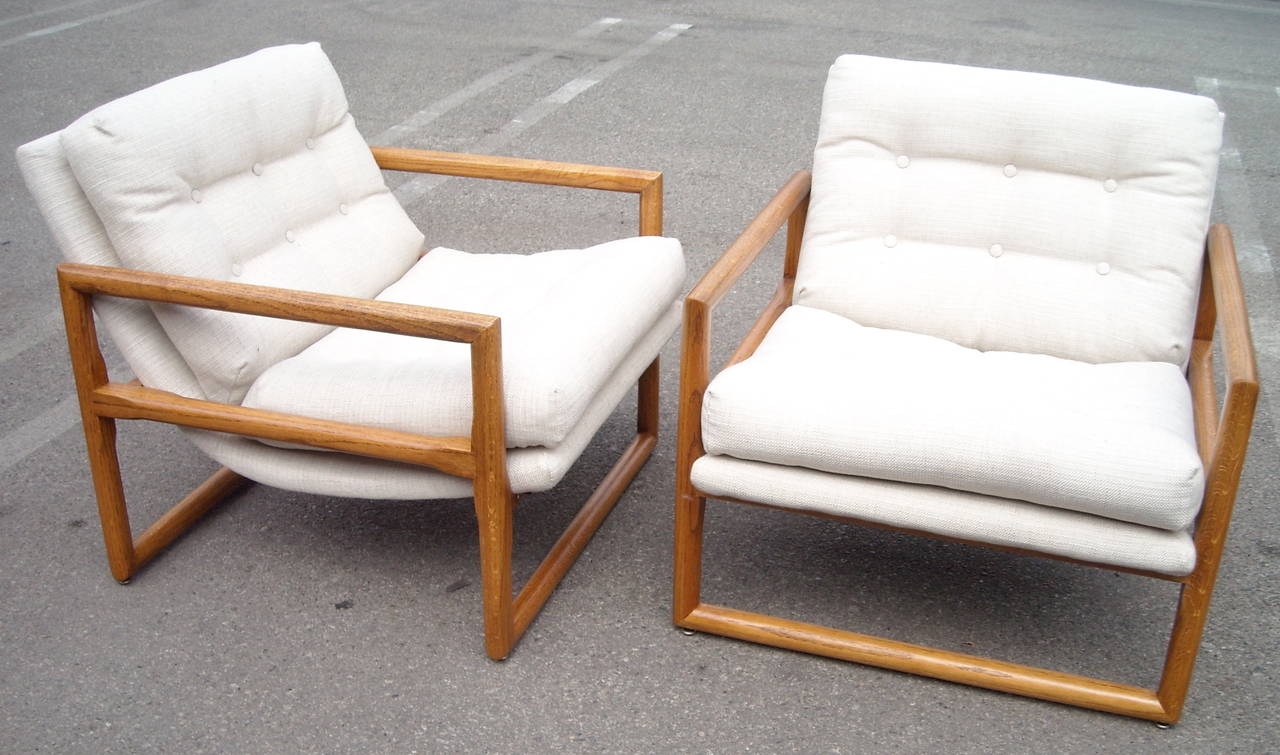 American Milo Baughman Sling Armchairs Lounge Pair in Oak, for Thayer Coggin