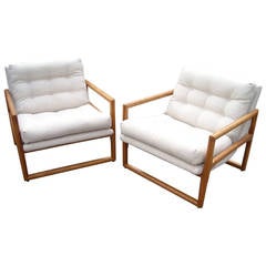 Milo Baughman Sling Armchairs Lounge Pair in Oak, for Thayer Coggin