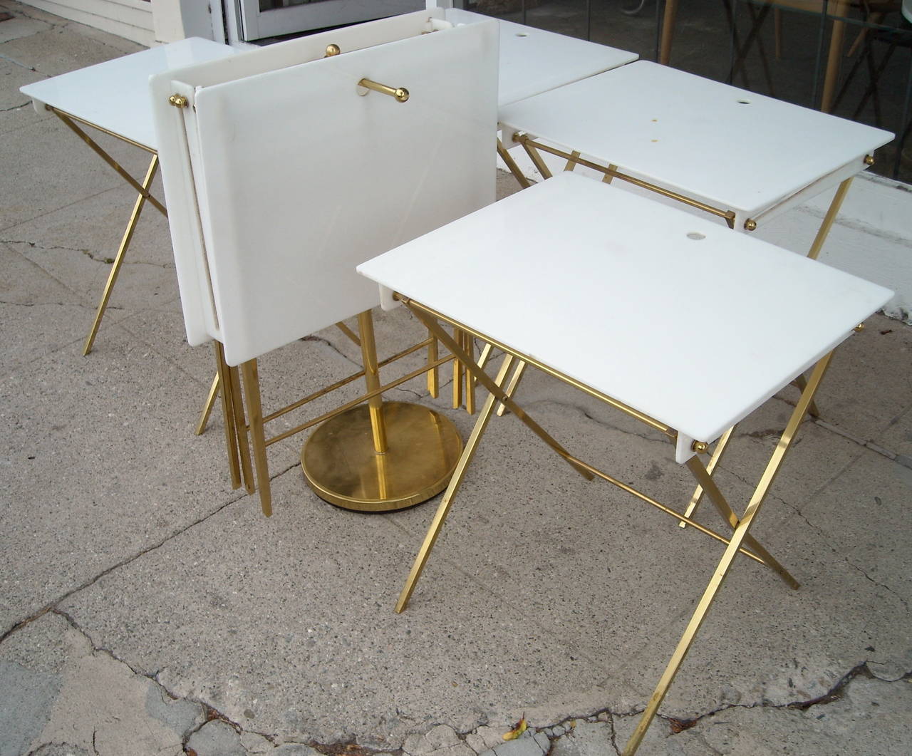 Modern Charles Hollis Jones Set of Six Acrylic and Brass Serving Tray Tables and Stand