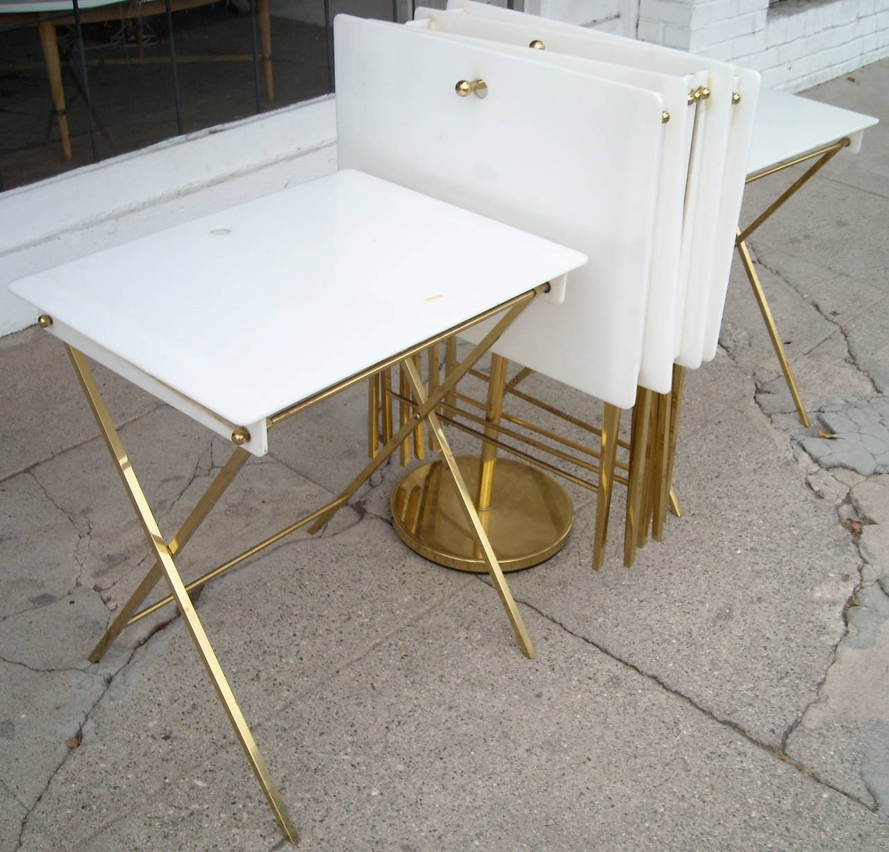 American Charles Hollis Jones Set of Six Acrylic and Brass Serving Tray Tables and Stand
