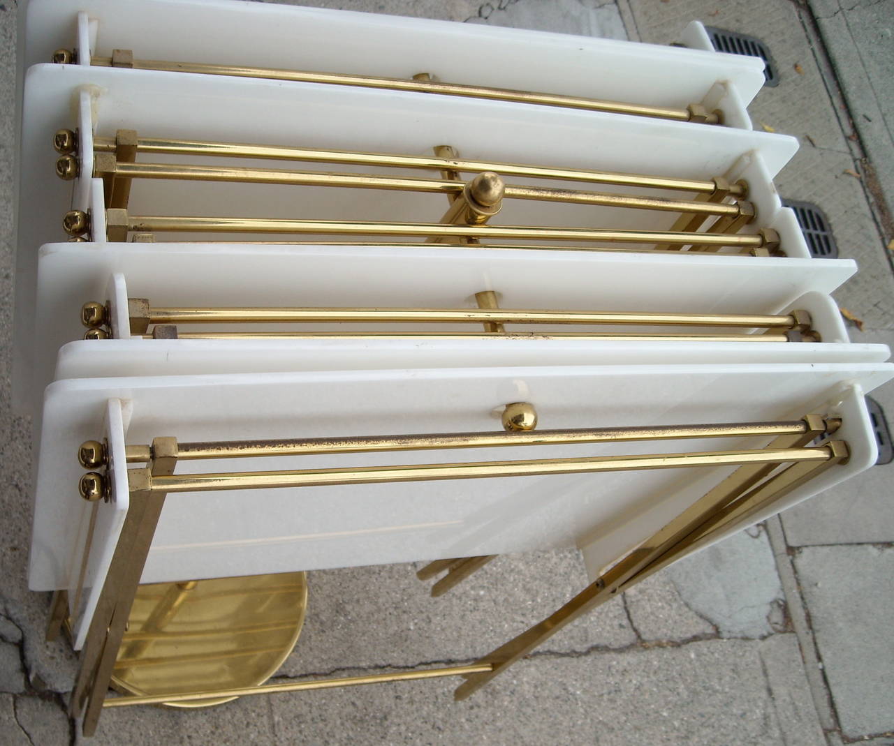 Charles Hollis Jones Set of Six Acrylic and Brass Serving Tray Tables and Stand 1