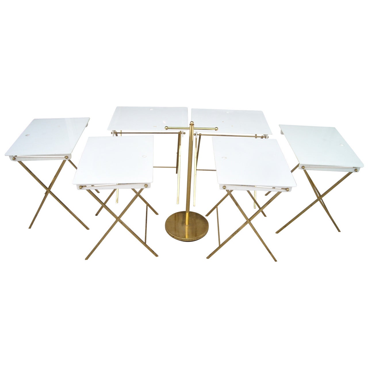 Charles Hollis Jones Set of Six Acrylic and Brass Serving Tray Tables and Stand