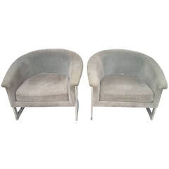 Milo Baughman Barrel Back, Chrome Attributed Pair of Lounge Chairs