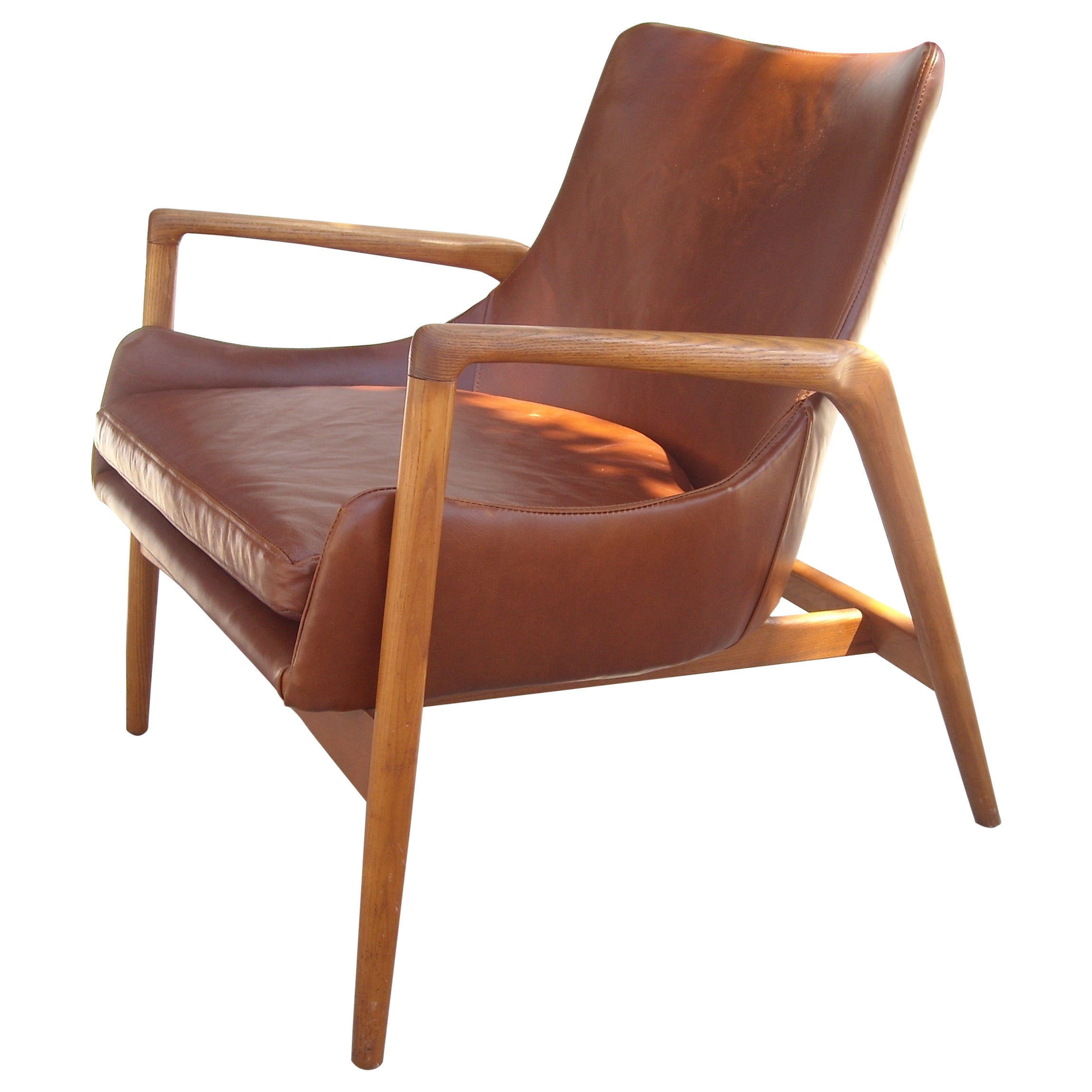 Ib Kofod-Larsen Denmark Mid-Century Easy Lounge Chair, Oak, Leather
