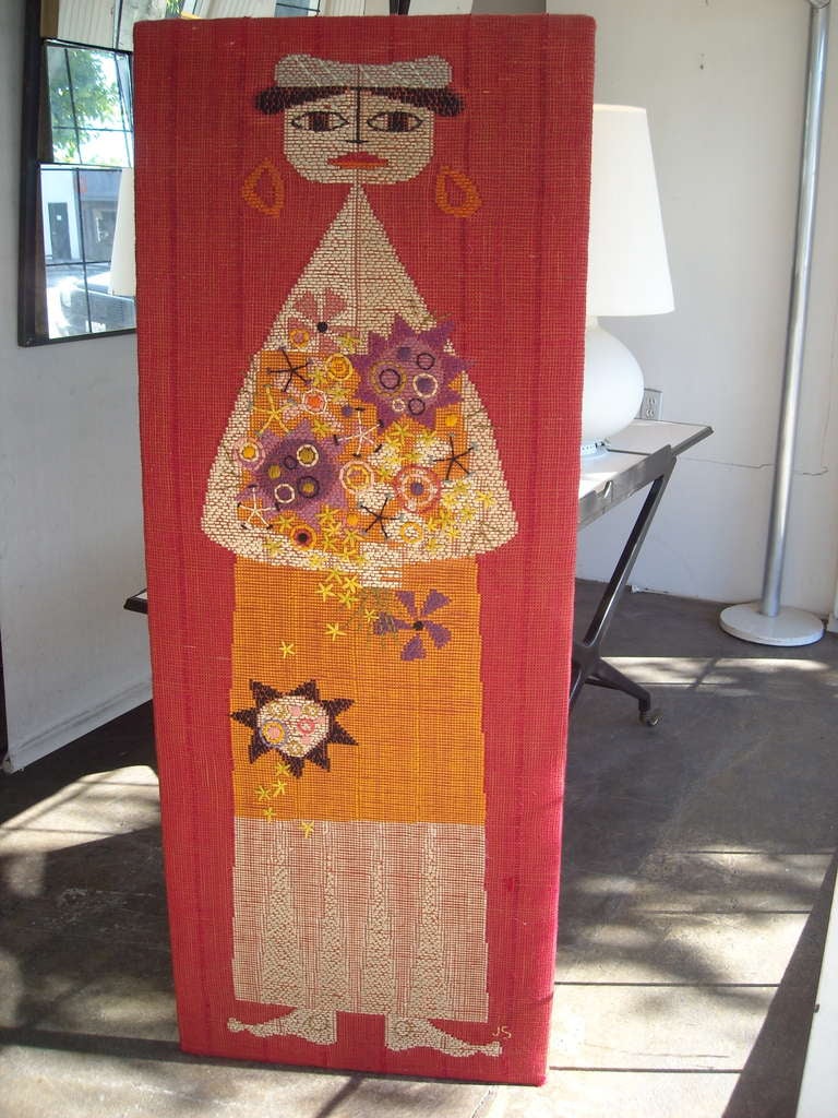 John Smith, rare and large  wall tapestry  of a girl, signed . In Good Condition In Los Angeles, CA