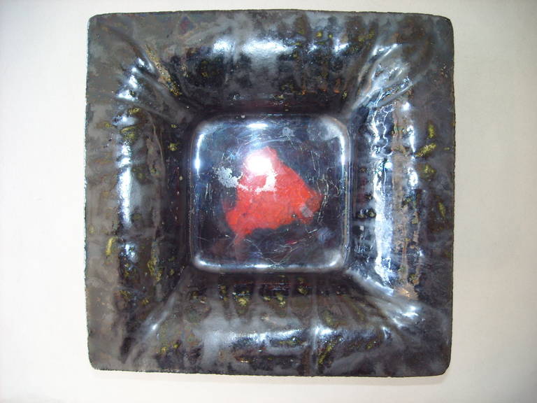 Glen Lukens Ceramic Black Tar and Crystalized Cracked Red Fire Pool, Signed