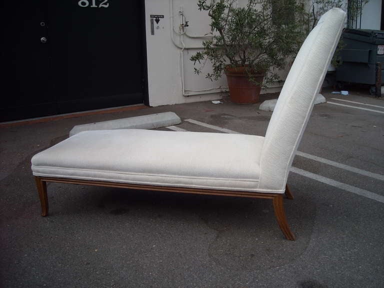 Chaise lounge with carved wood frame. Elegant lines and form.The lounge has not been refinished or upholstered, only for the original owner.