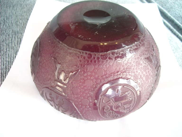 Steuben Plum Jade Acid Etched Glass Vase/ Bowl   In Excellent Condition In Los Angeles, CA