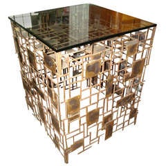 Brutalist Silas Seandel Attributed Brass and Nails Patchwork Side/End Table