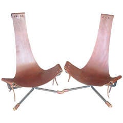 Pair of Daniel Wenger sling leather and iron frame  chair "Lotus"