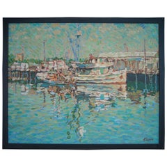 Eugene Kaspin:: peinture à l'huile sur toile d'un paysage côtier ou marin avec des bateaux