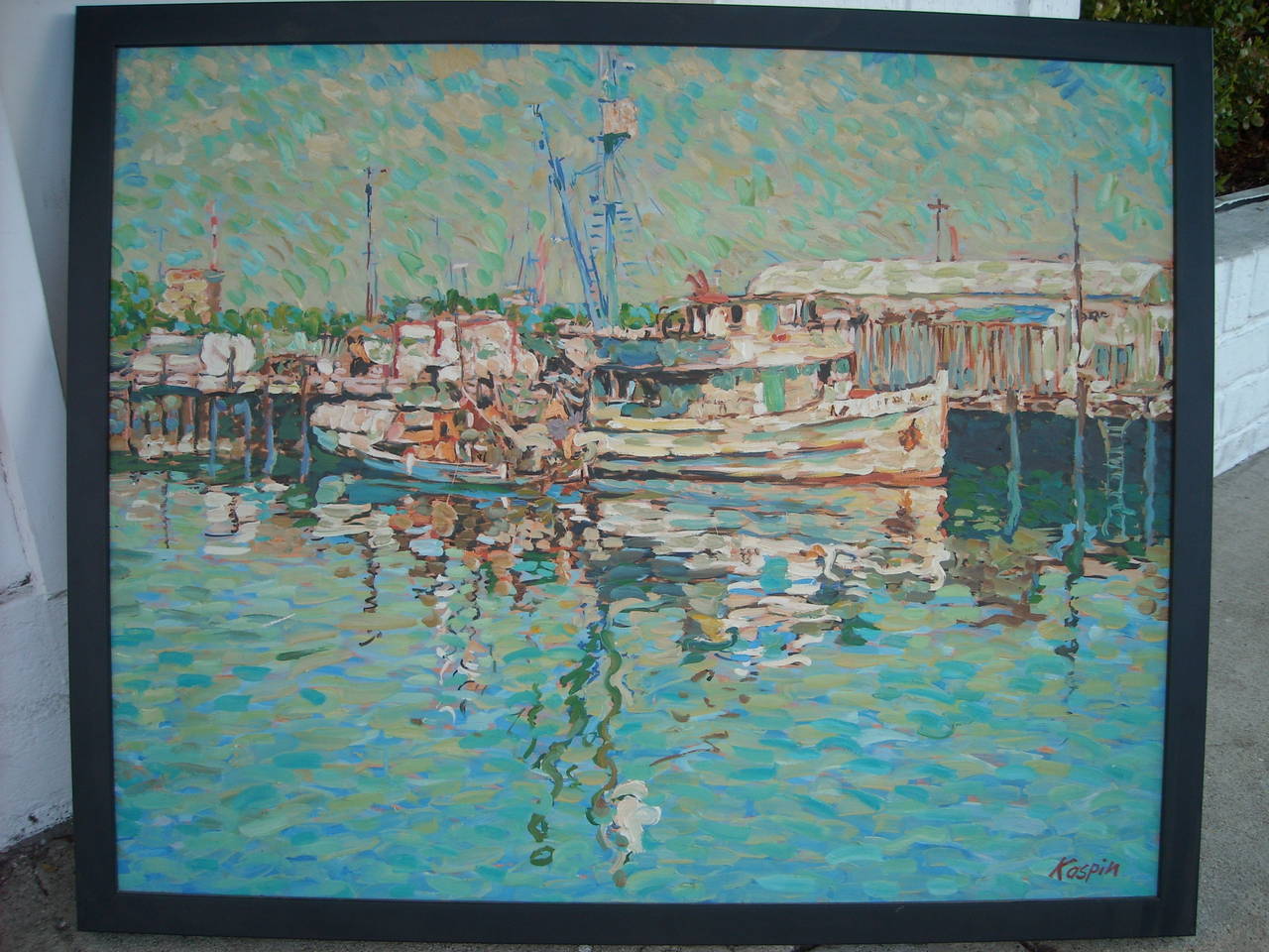 Eugene Kaspin Öl auf Leinwand Gemälde von Küste oder Meereslandschaft mit Booten
