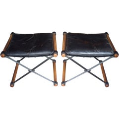 Cleo Baldon pair of iron x stools with leather for Terra