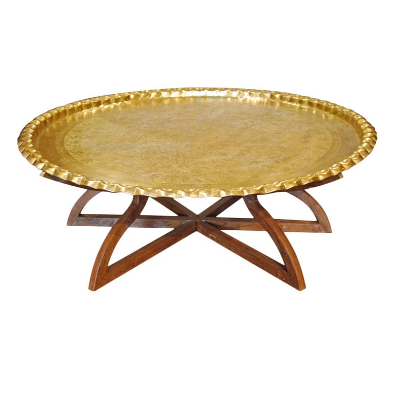 Large Moorish style hand hammered brass tray table, could be use as a coffee table or low dining table, this is how they use them in Morocco, Syria, India, Egypt and in the Middle East to serve food or tea.Great for outdoor use as well.This large